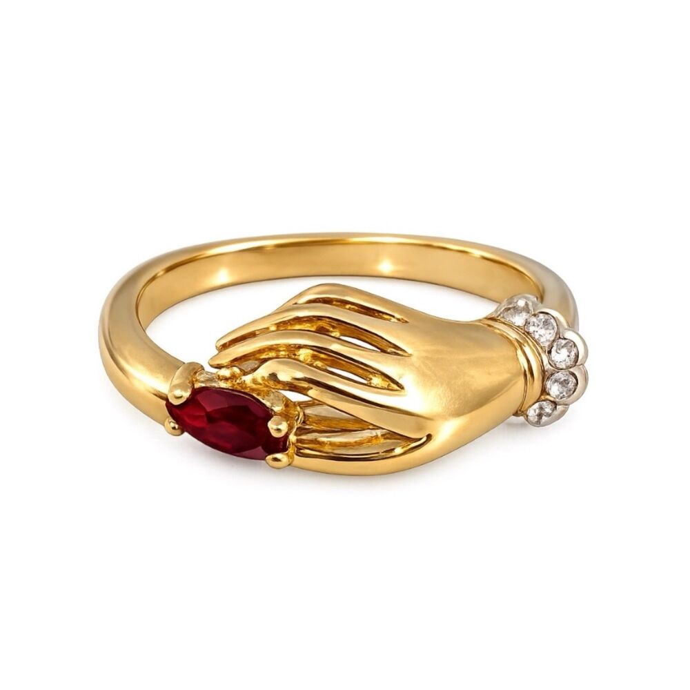 Vintage 1970s Ring Size 7 Victorian Revival Hand Red Crystal Gold Plated - 14U